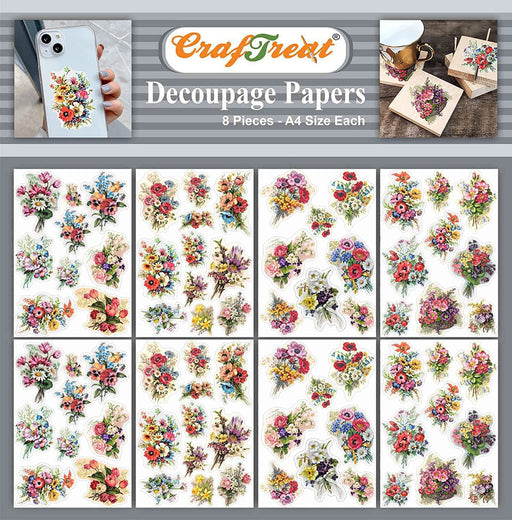 CrafTreat Decoupage Paper Vintage Flower Bouquets A4 (8 pcs) Scrapbooking Crafts DIY Paper Crafts