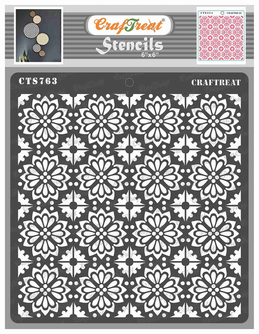 CrafTreat Tile Flowers Small Stencil for Background 6x6 Inches CTS763