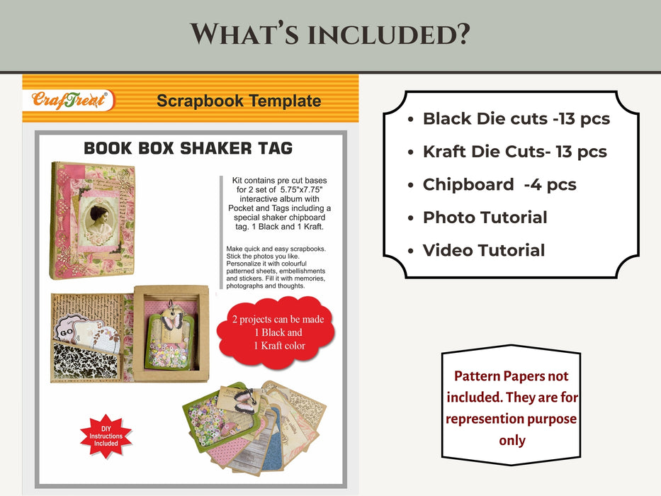 CrafTreat Book Box Shaker Tag DIY Scrapbook Templates - 2 sets 1 Black 1 Kraft