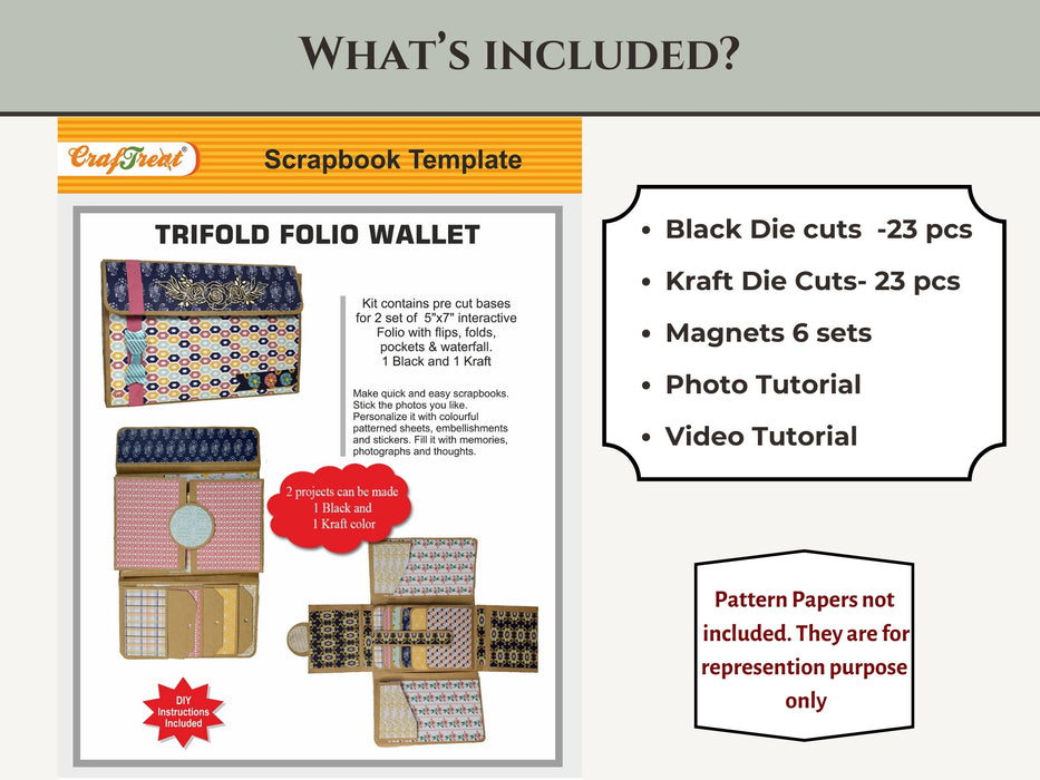 CrafTreat TriFold Folio Wallet DIY Scrapbook Templates - 2 sets 1 Black 1 Kraft