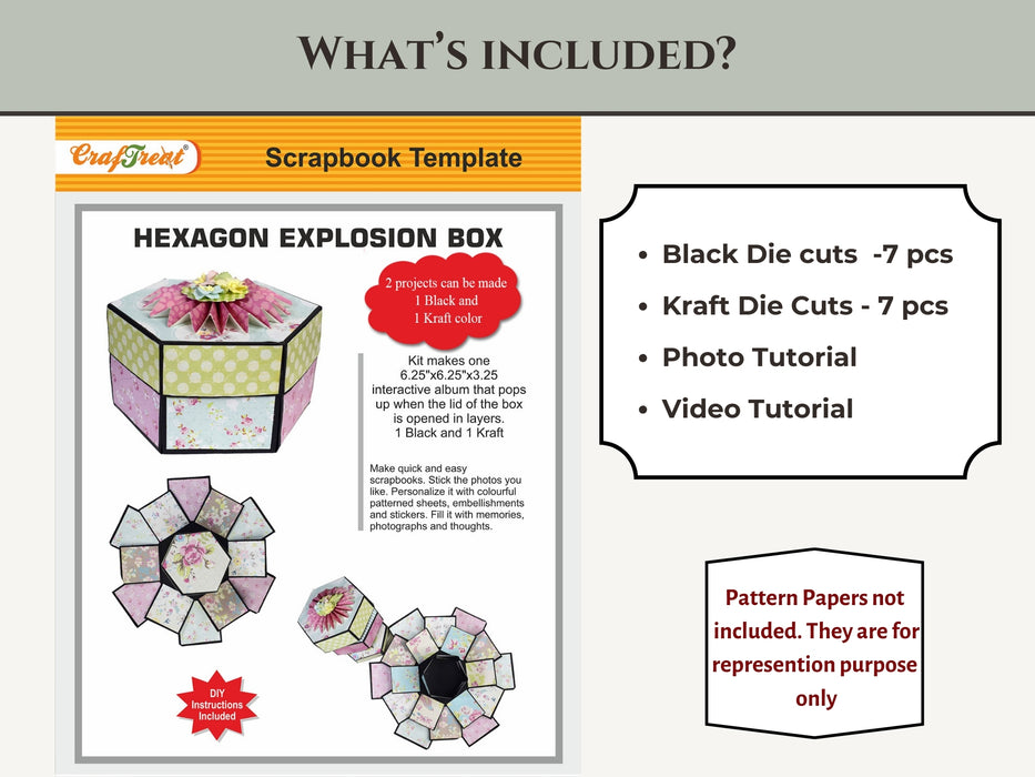 CrafTreat Hexagon Explosion Box DIY Scrapbook Templates - 2 sets 1 Black 1 Kraft