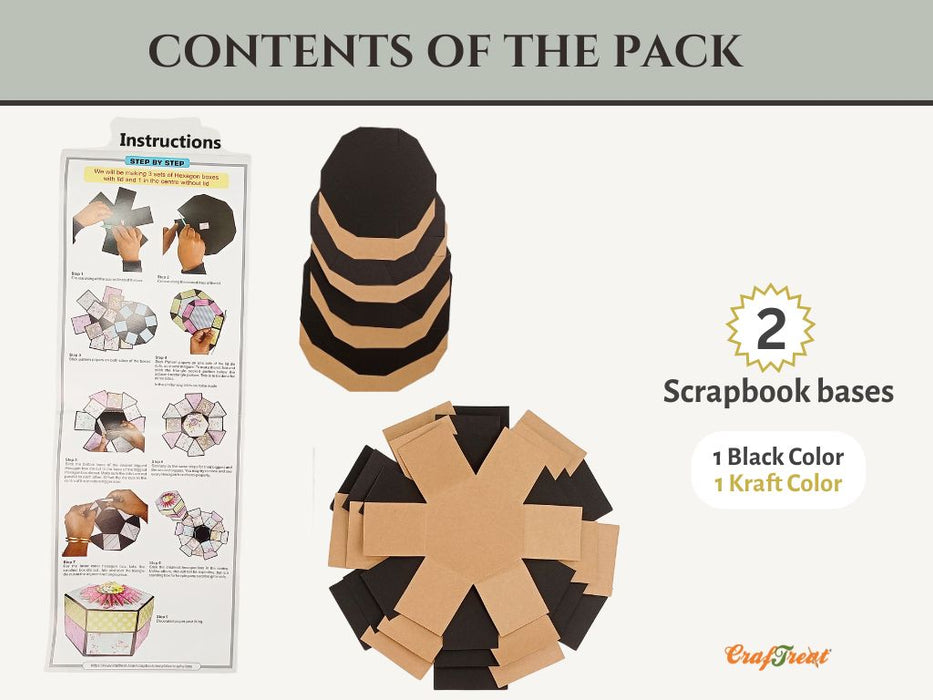 CrafTreat Hexagon Explosion Box DIY Scrapbook Blanks - 2 Sets - 1 Black & 1 Kraft