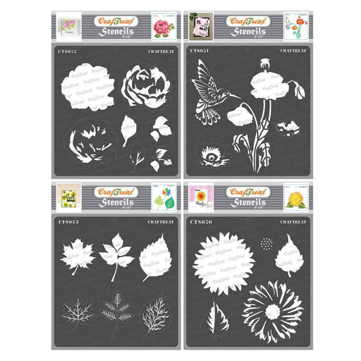 CrafTreat Rose and Poppy and Sun Flower and Leaves Stencil 6x6 4 Pcs Inches for backround