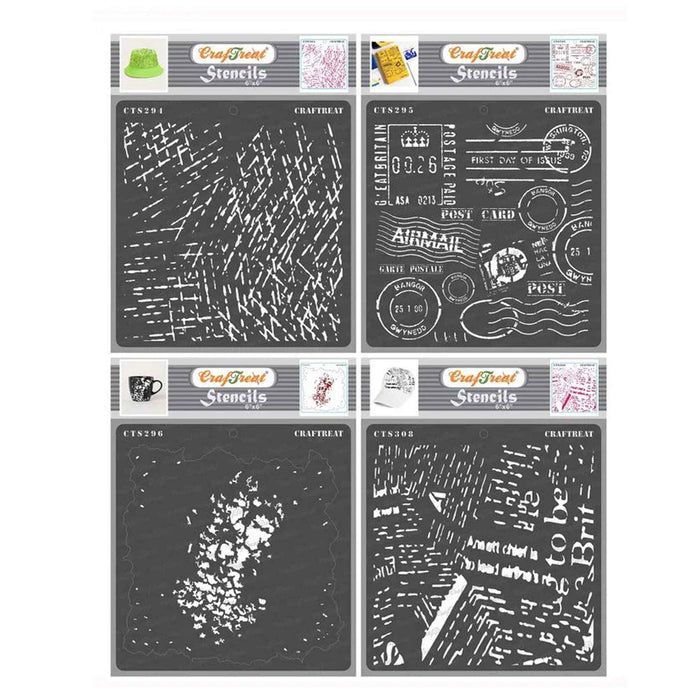 CrafTreat Scratches and Postal and Grunge and NewsPrint Stencil 6x6 4 Pcs Inches for backround