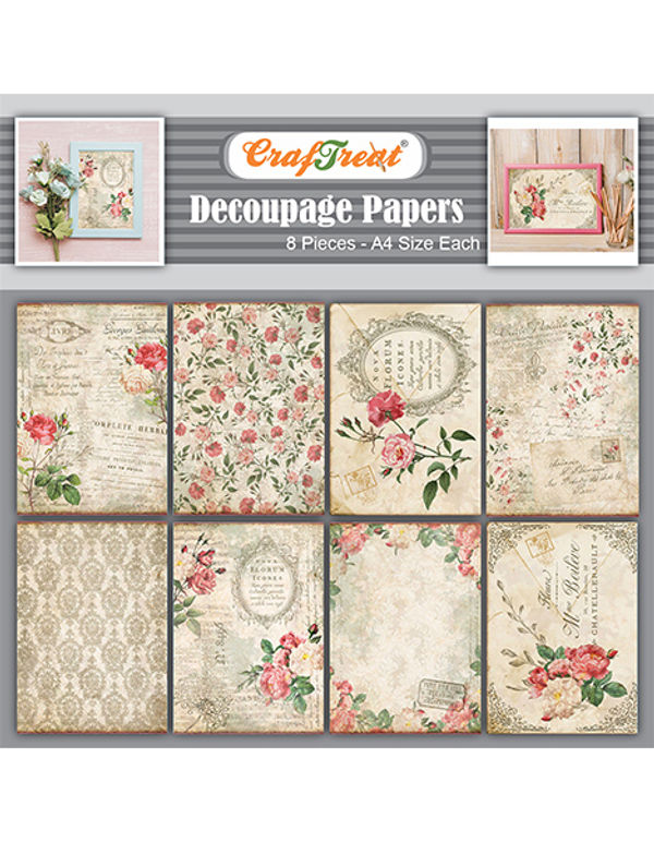 CrafTreat Carta per decoupage per artigianato, musica, formato A4, 8 pezzi,  per chitarra, decoupage, carta floreale, album di carta, motivo floreale a