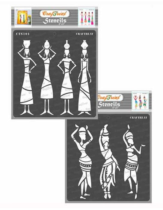 CrafTreat Tribal Potters and Dancers Stencil 6x6 Inches Tribal Stencils for Painting