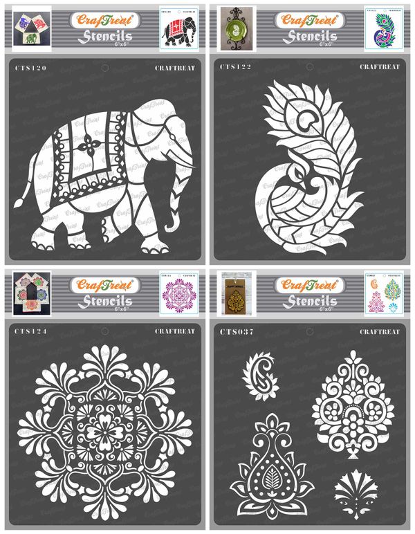 CrafTreat Ornate Corners and Rangoli Stencil for Painting - 2 Pcs - 6 inchx6 inch Each, Size: 2 Pcs - 6x6 Each, Clear