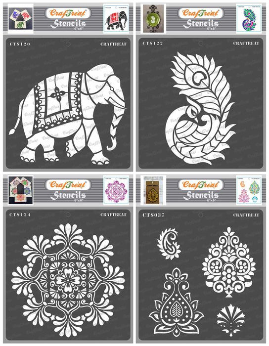CrafTreat Indian Elephant and Side Feathered Peacock and Mandala 2 and Indian MotifsCTS120n122n124n037