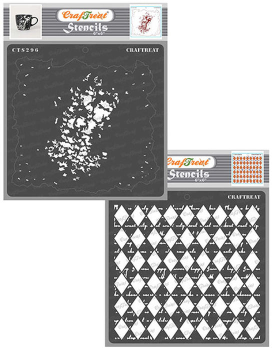 CrafTreat Grunge and Harlequin Script Stencil 6x6 Inches CrafTreat