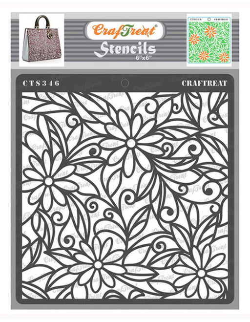 CrafTreat 6x6 Inches Daisy Flower and Leaf pattern Stencil for paintings