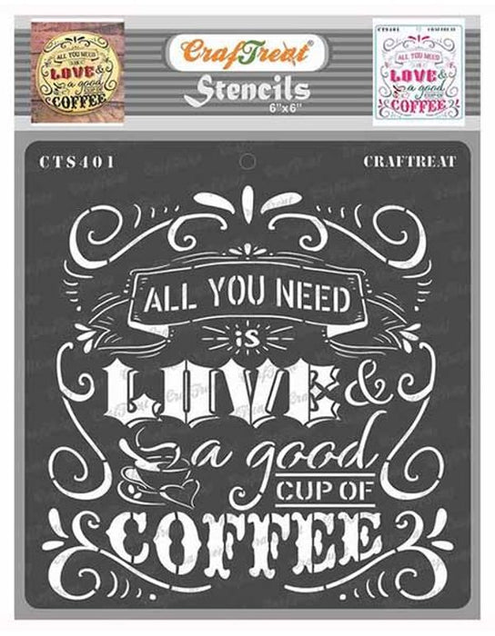 CrafTreat 6x6 Inches Coffee quotes stencil for crafts, coffee love stencils for home d