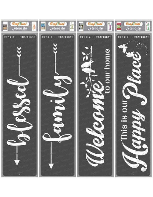 CrafTreat Home Stencils for Painting on Wood, Paper, Floor and Wall - Blessed, Family Word, Welcome to Our Home and This Is Our Happy Place - 4 Pcs