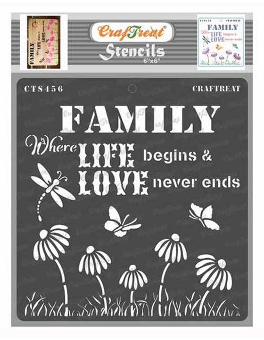 CrafTreat Family Where Life Begins and Love Never Ends Stencil 6x6 Inches for Painting on Furniture