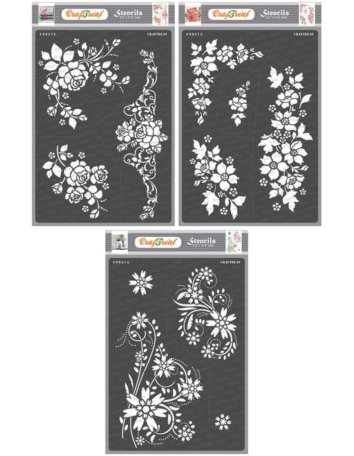 CrafTreat A Bouquet of Roses and A Bunch of Blooms and Floral Flourish Stencil A4 3 Pcs CrafTreat