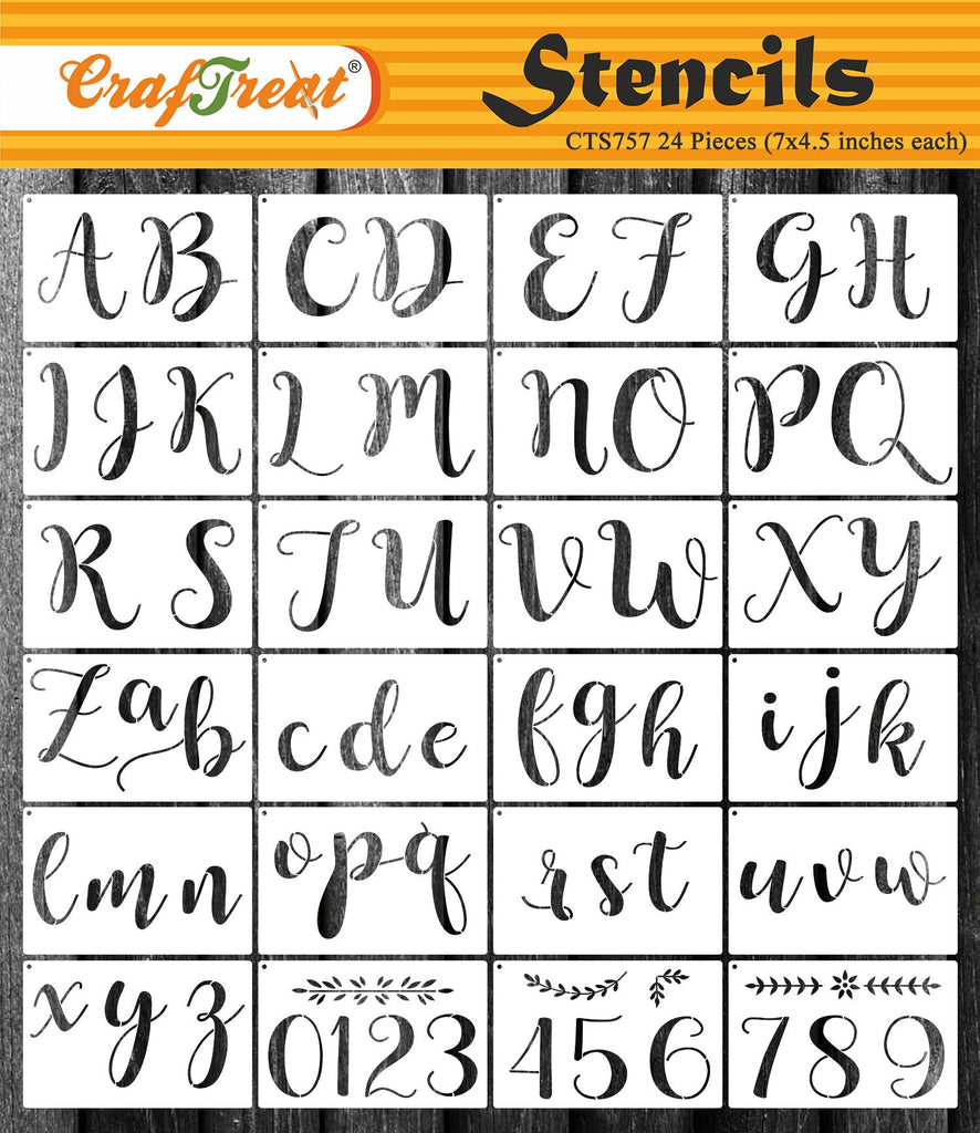 CrafTreat 24Pcs of Calligraphy Alphabet and Number Stencil for Kids Drawing  and Craft Paintings, Reusable Letter stencil for Scrapbooking, Name Stencil,  small abcd Journaling Alphabet Stencil 7x4.5 Inches — Craftreat