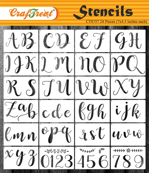 CrafTreat 24pcs of Calligraphy Alphabet and Number Stencil for Kids Drawing and Craft Paintings, Reusable Letter Stencil for Scrapbooking, Name