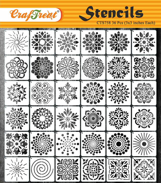 CrafTreat 36 Pieces Mandala Stencils for Painting on Wood (3x3), DIY Reusable Stencils for Crafts, Kids, Walls, Decoration, Elegant Mandala Stencils