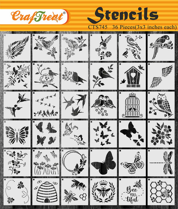 CrafTreat 3x3 Inch Butterfly and Birds Stencil for Craft Paintings Nature Stencil 36pcs