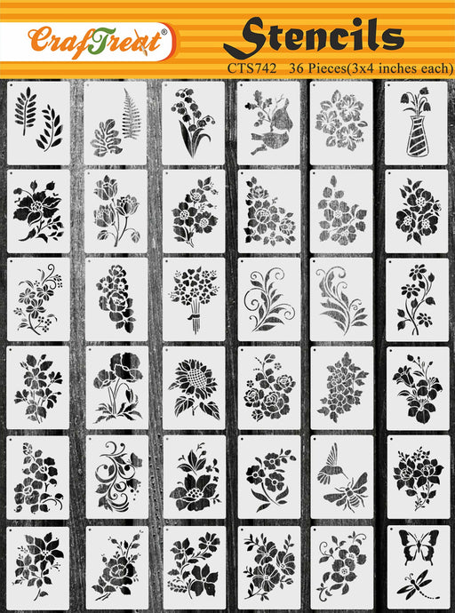 CrafTreat 36 Pieces Flower Stencils for Painting (3x4), DIY Stencils for Painting on Wood, Reusable Floral Stencil, Elegant Flower Drawing Stencils