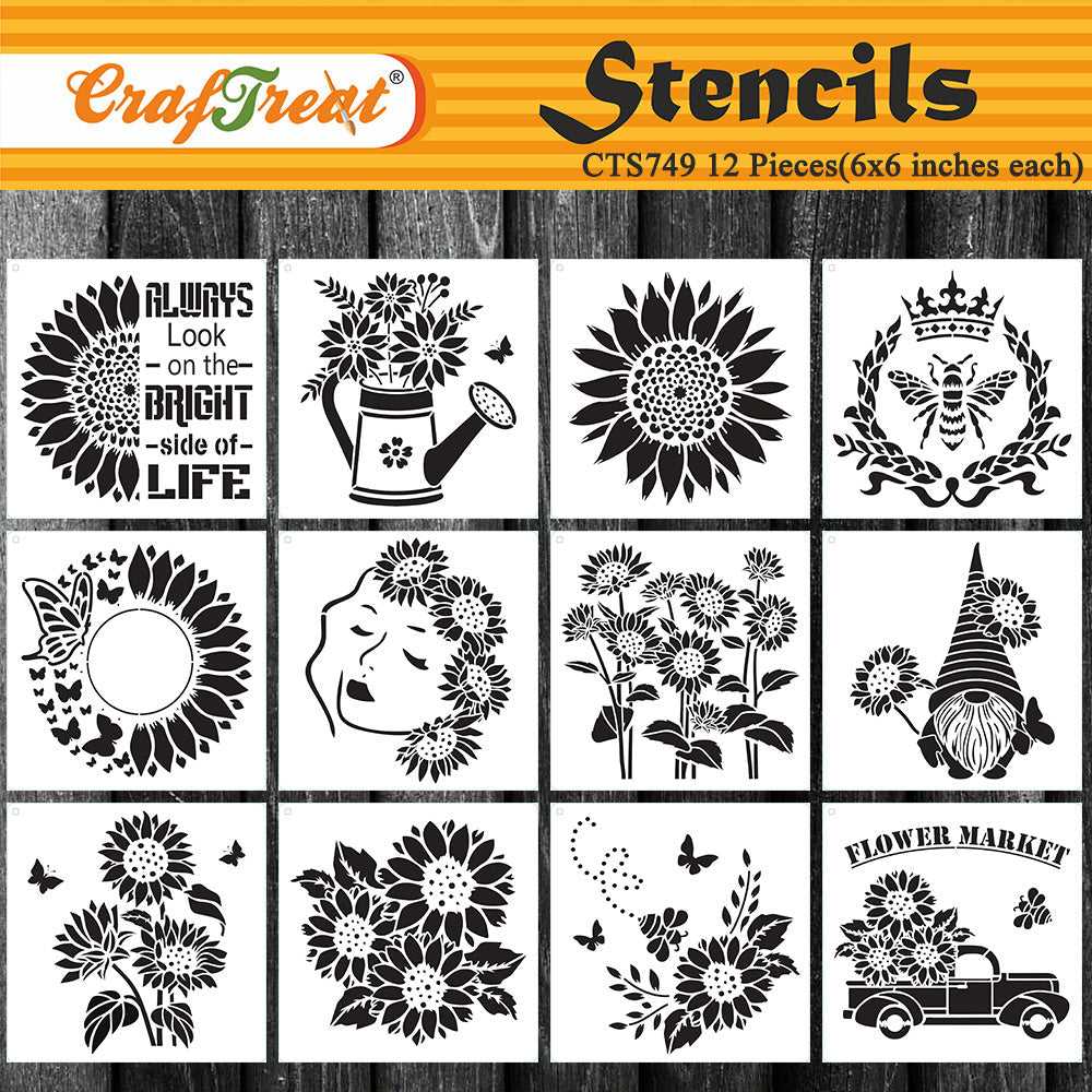 CrafTreat 12 Pieces Sunflower Stencils for Painting on Wood (6x6), Reuseable Flower Stencils for Canvas, Fabric, Paper, Wall and Furniture, DIY
