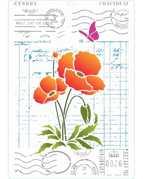 CrafTreat Ledger Poppy and Flower Collage and Bird Song and Bits and Pieces Stencil A4