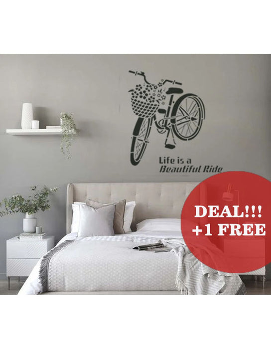 CrafTreat Bicycle Stencil, Life is a Beautiful ride stencil for paintings - Word Art stencil, Bicycle basket with flowers Stencils for walls CTWS007/2